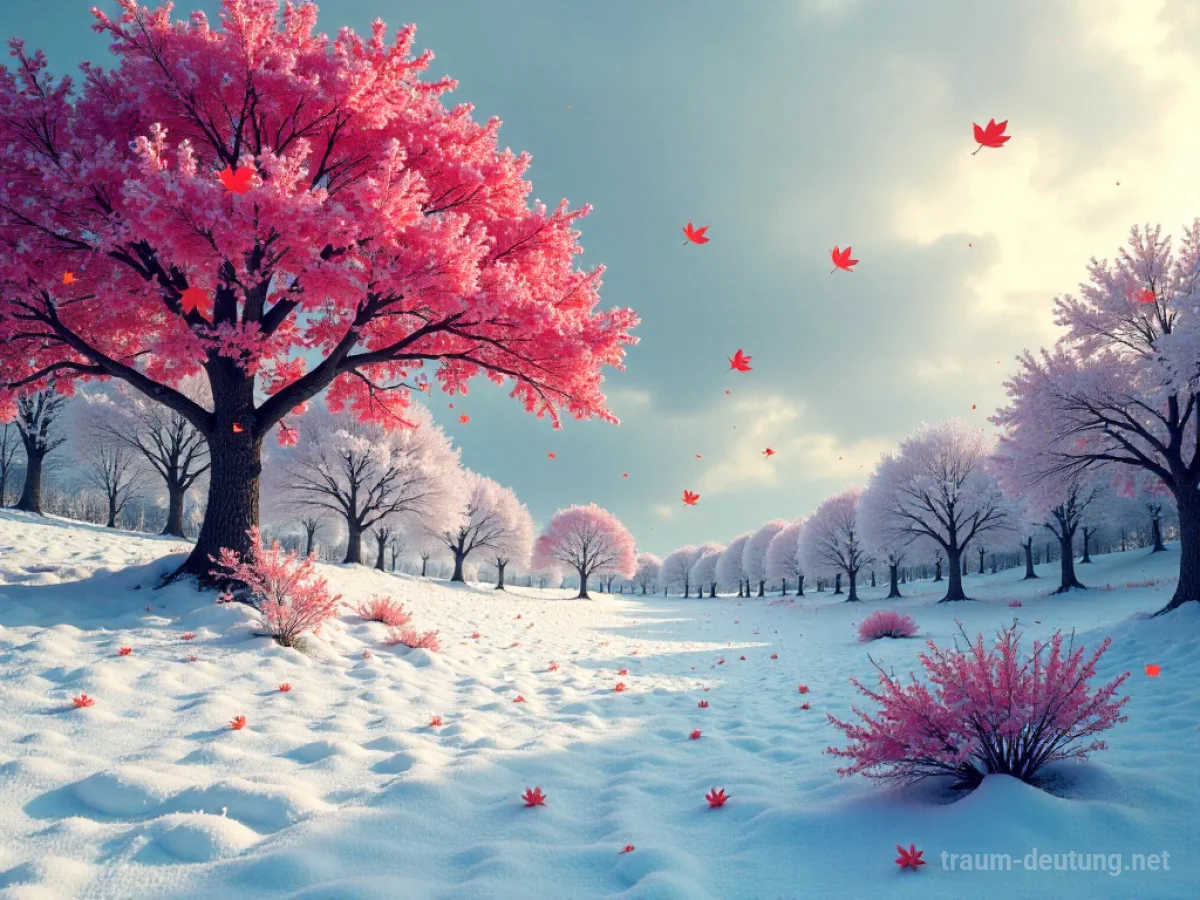 Landschaft, in der die Jahreszeiten gleichzeitig wechseln: Schnee schmilzt zu Blumen, Blätter fallen.