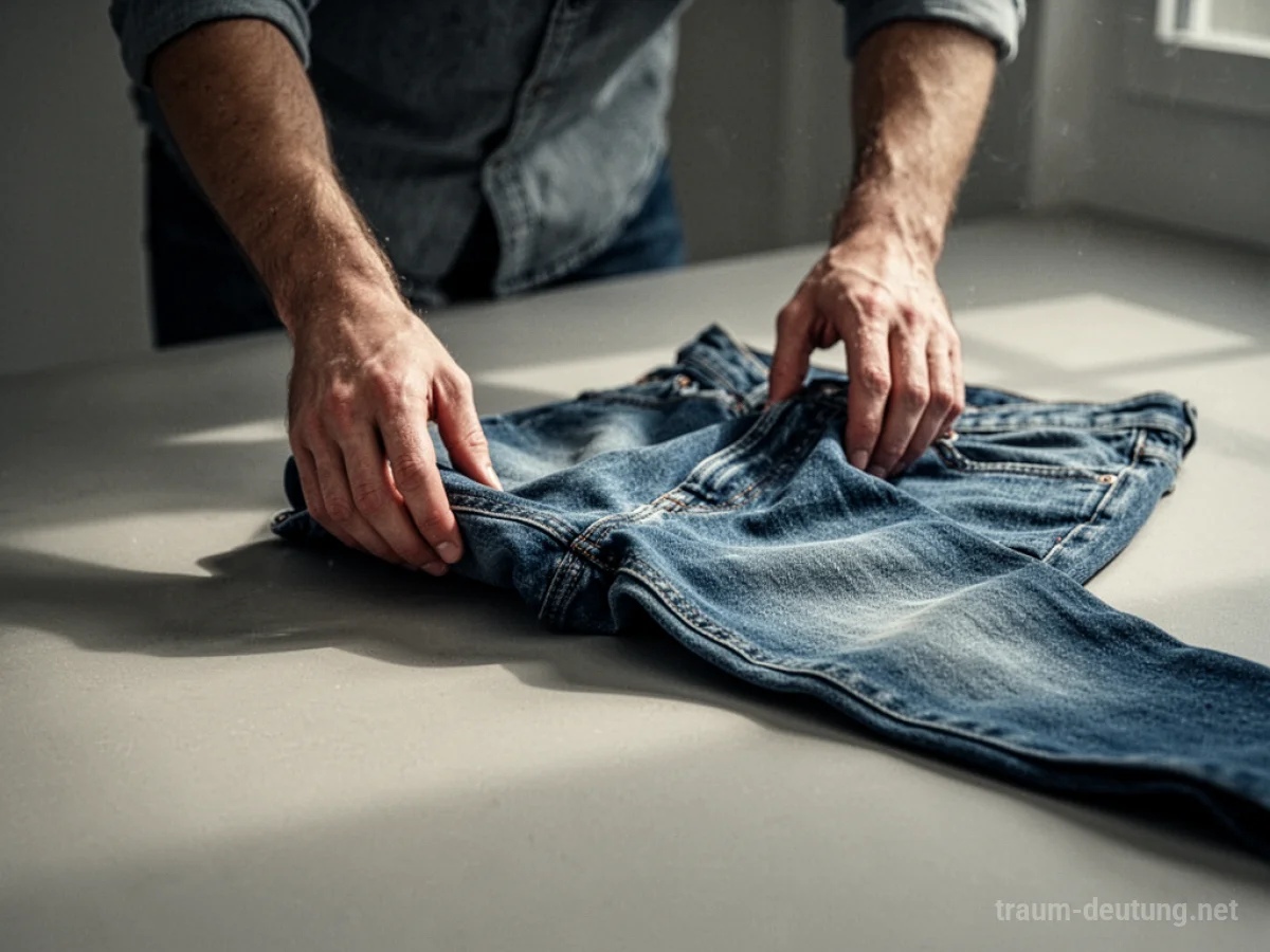 Hände greifen nach einer Jeans, die auf einem hellen Untergrund liegt.