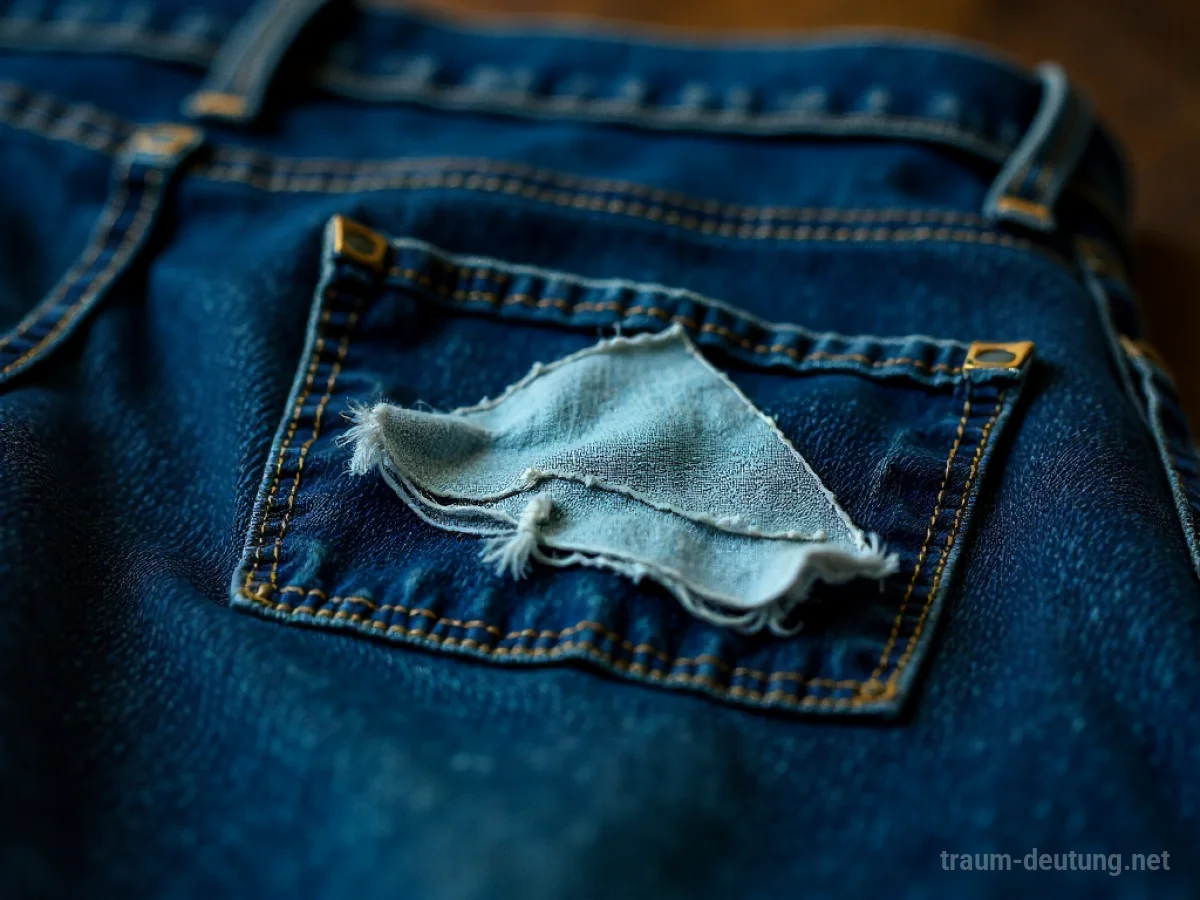 Jeans mit einem Flicken, der auf einer Naht angebracht wird.