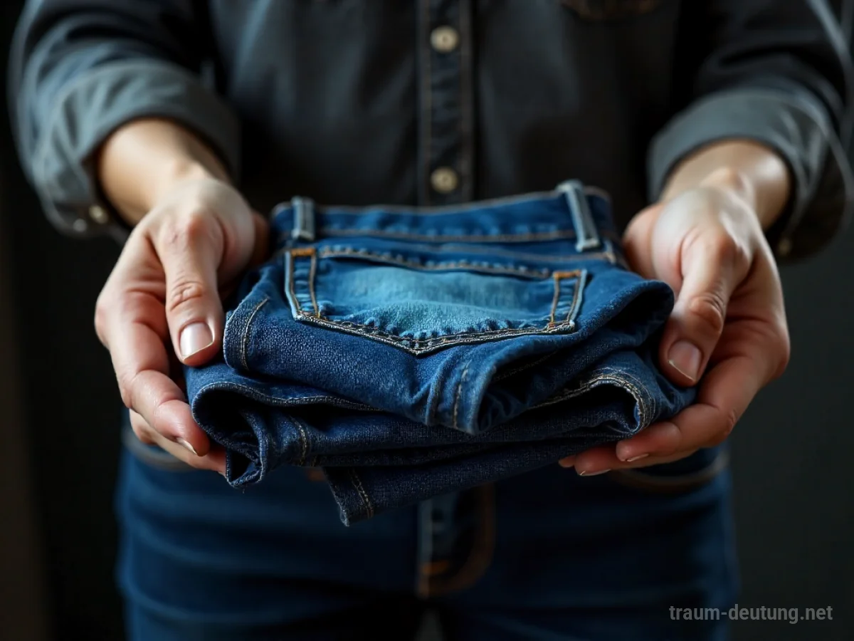 Hände reichen eine gefaltete Jeans als Geschenk weiter