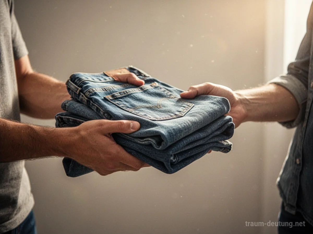 Hände reichen eine Jeans weiter, symbolisch für Übergabe und Veränderung im Traum.