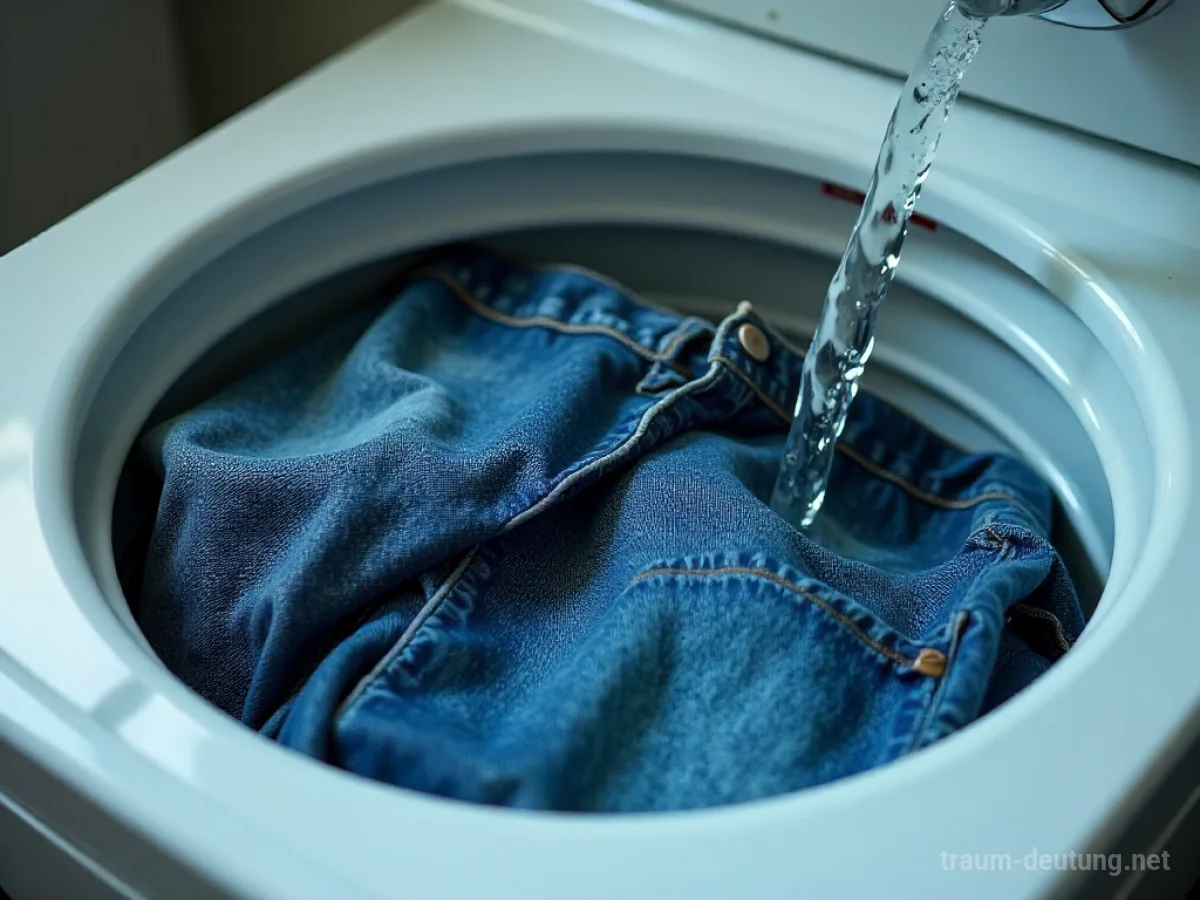 Jeans in einer Waschmaschine, die gerade gewaschen werden.