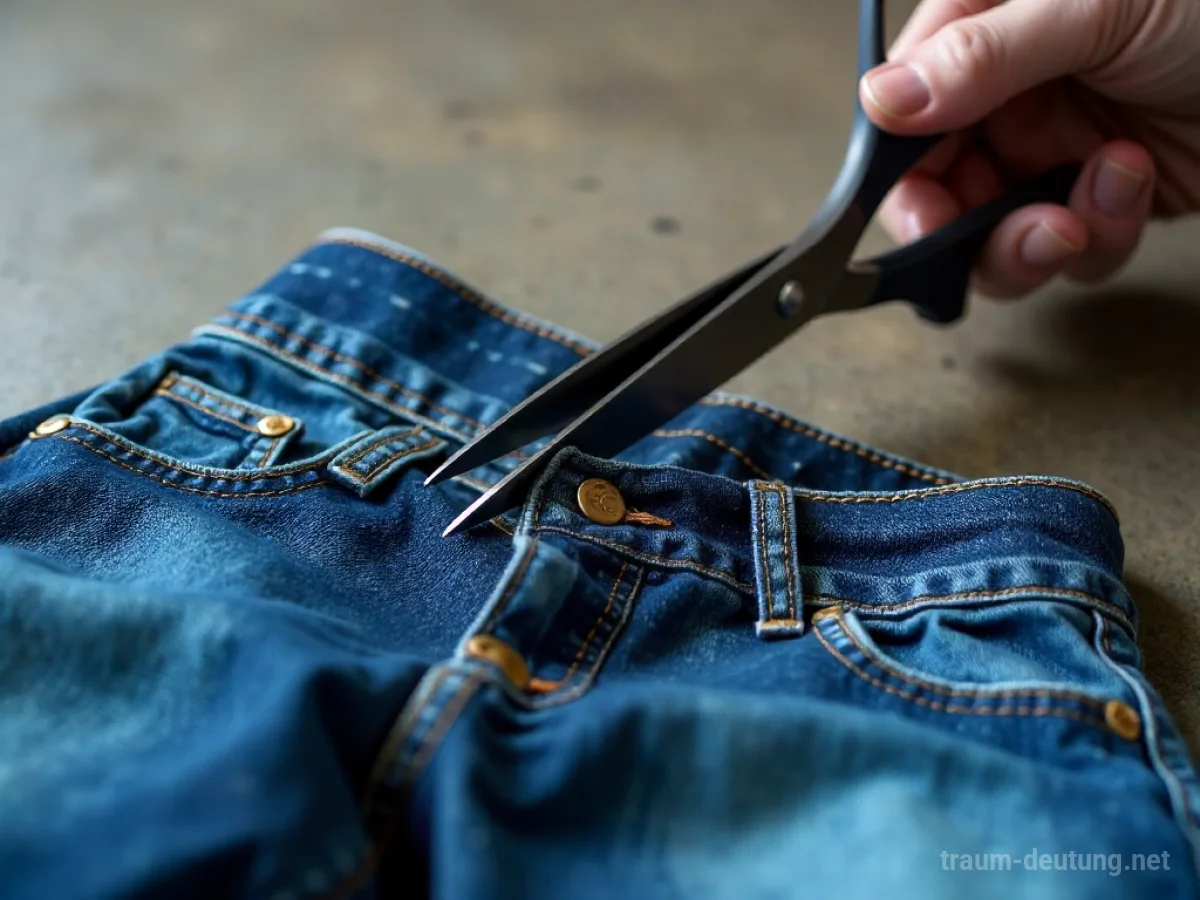 Jeans wird mit einer Schere zerschnitten, Fäden lösen sich