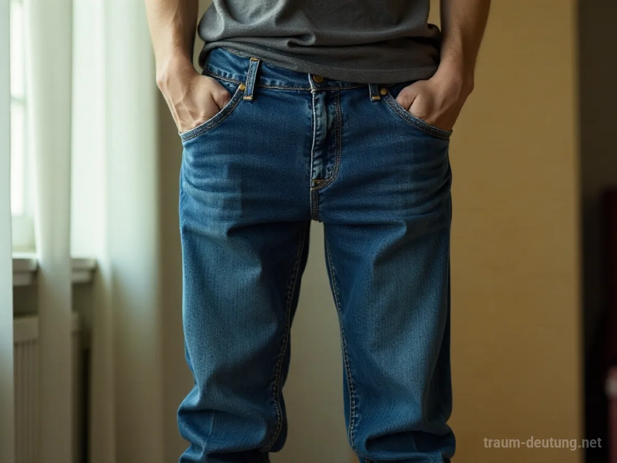 Person steht in viel zu weiten Jeans und blickt unsicher nach unten.