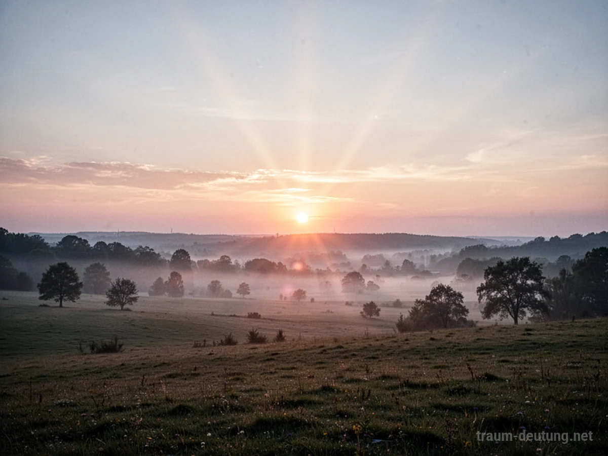Sonnenaufgang über einer friedlichen Landschaft mit strahlendem Licht am Horizont