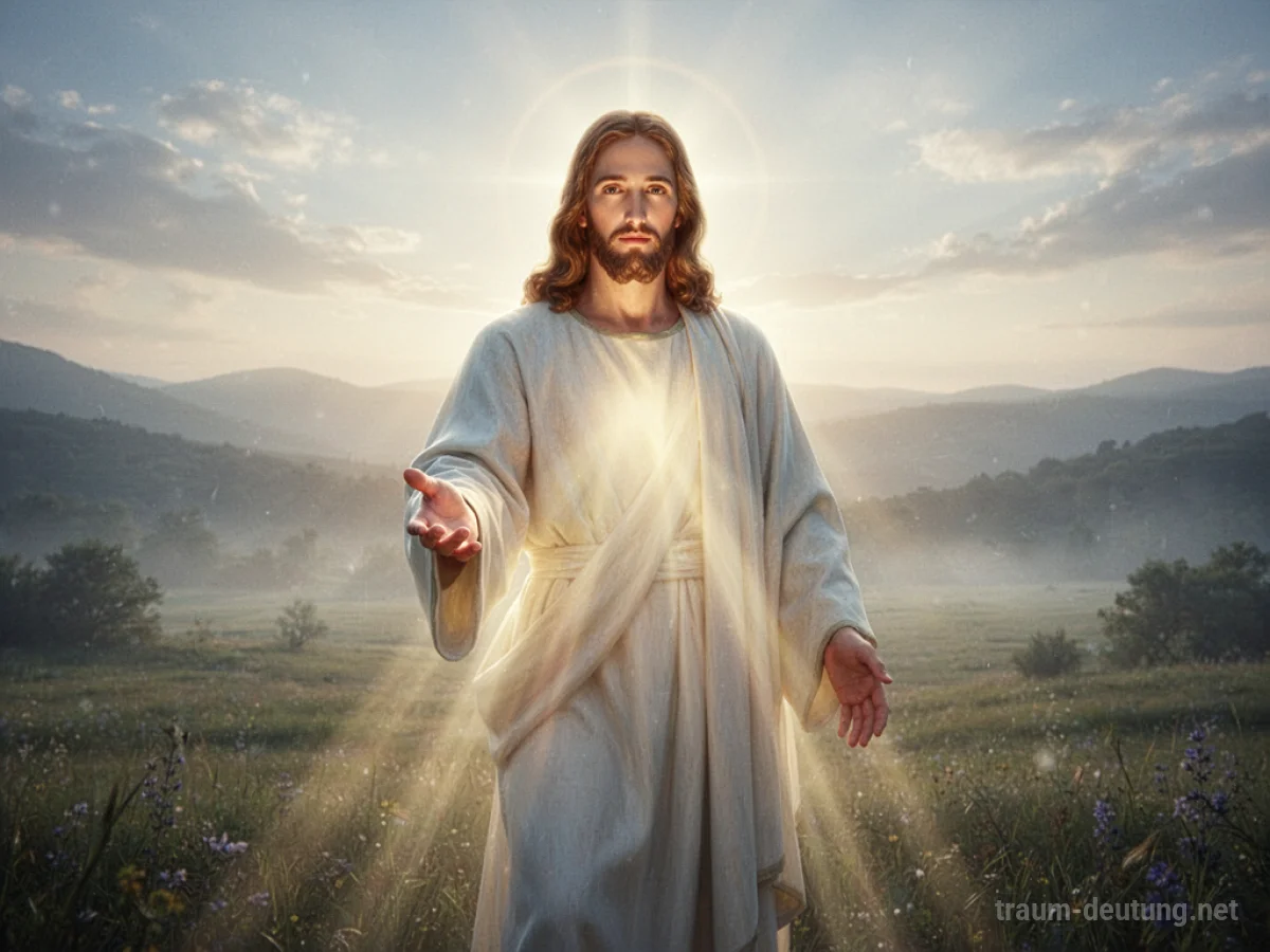 Jesusfigur erscheint sanft in einer friedlichen Landschaft und bietet eine Hand an.