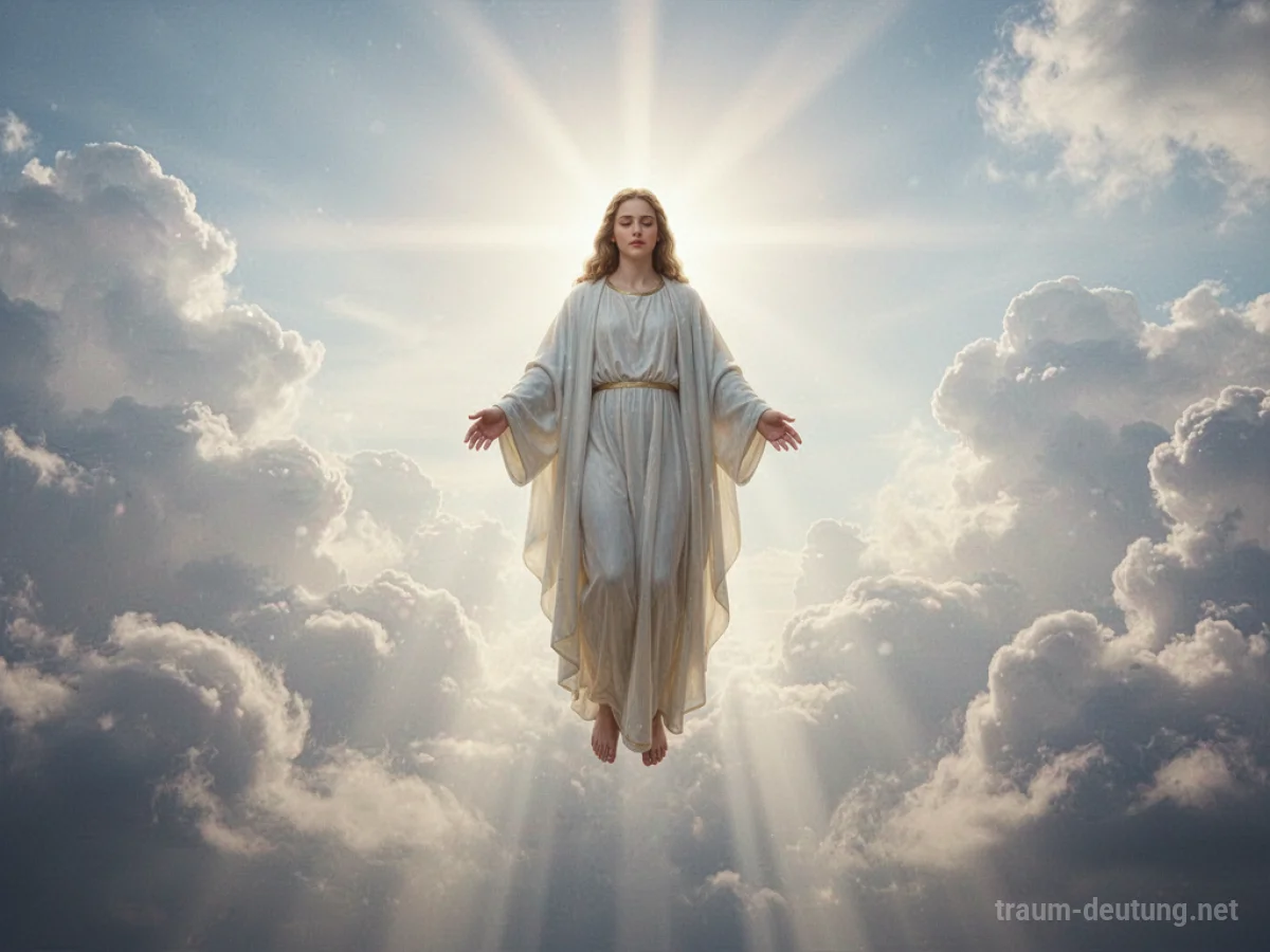 Eine strahlende Figur kommt aus dem Himmel herab, umgeben von Licht.