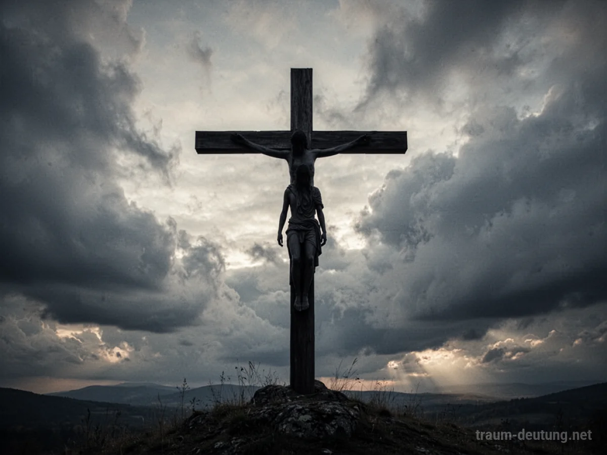Silhouette einer Person am Kreuz vor einem dramatischen Himmel im Traum