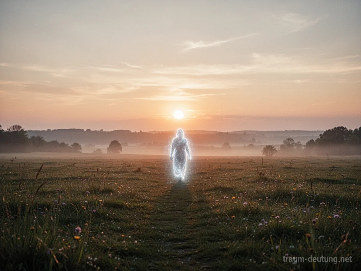 Eine sanfte Morgensonne über einer ruhigen Landschaft, mit einer schemenhaften, leuchtenden Gestalt in der Ferne.