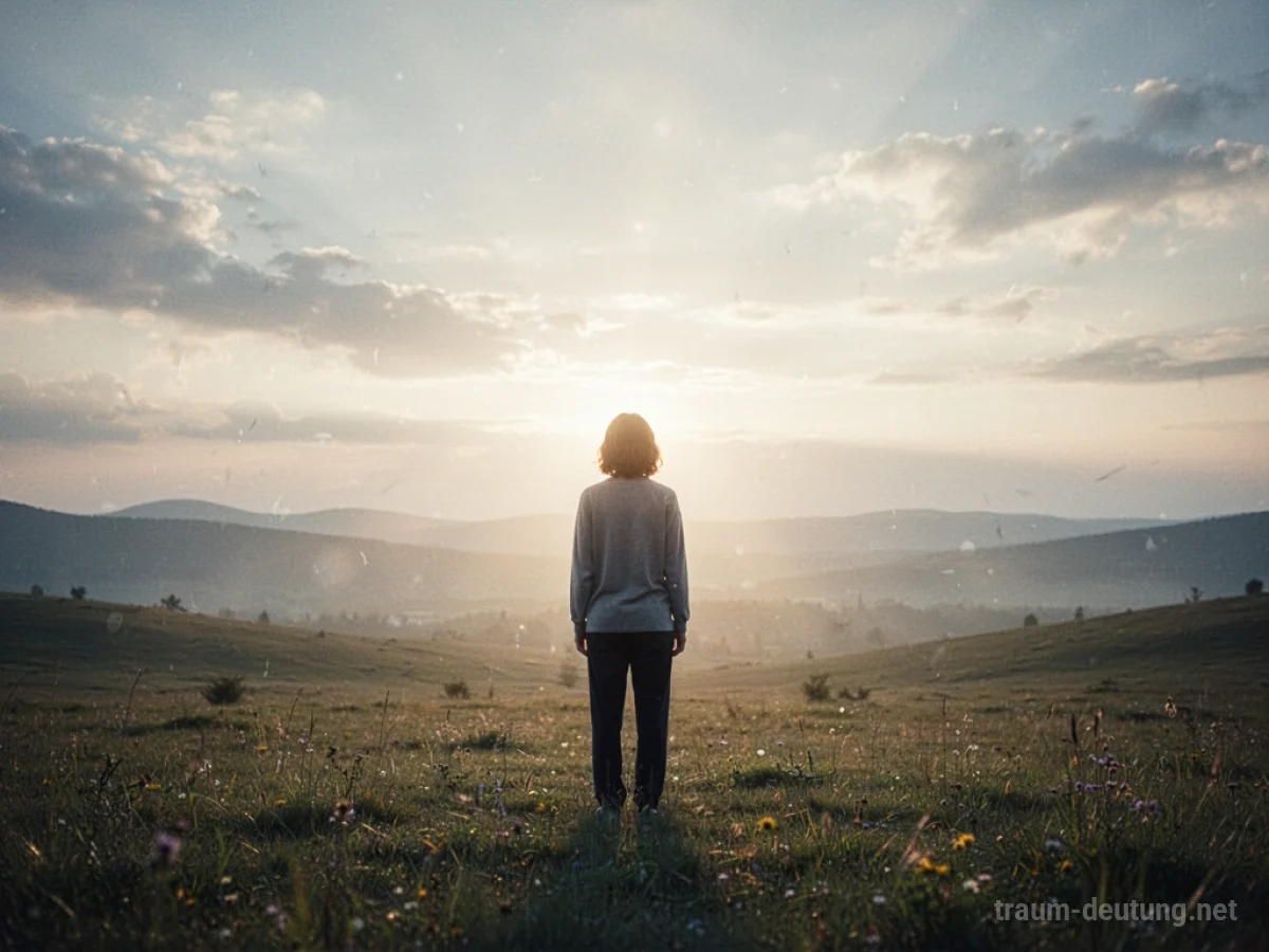 Eine Person steht in einer hellen Landschaft und blickt zu einem sanften Licht am Himmel.