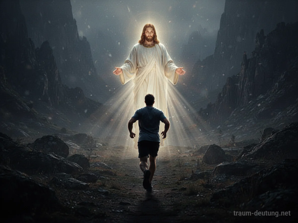 Silhouette einer Person, die vor einer leuchtenden Jesusfigur in einer dunklen Landschaft flieht.
