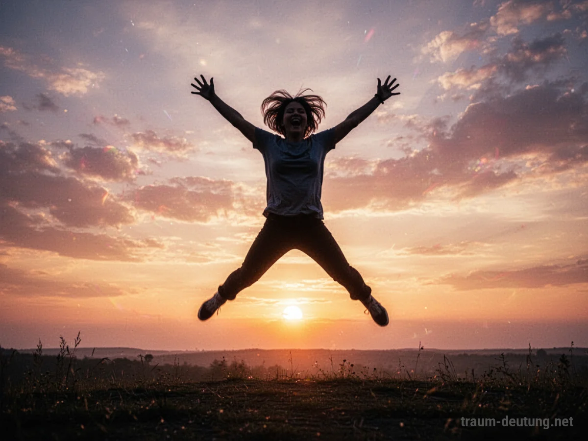 Silhouettierte Person springt voller Freude vor einem energetischen Sonnenaufgang.