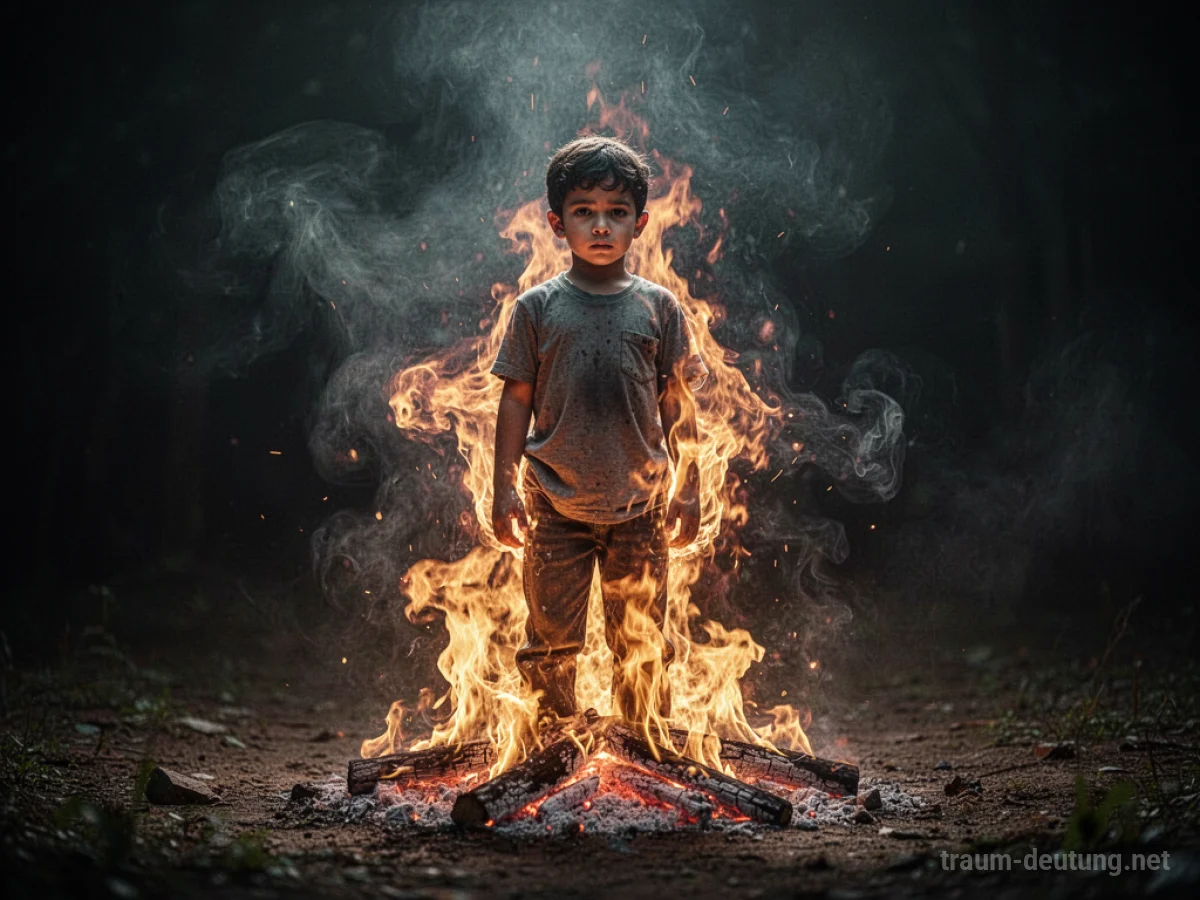 Junge in symbolischem Feuer, umgeben von dunklem Rauch