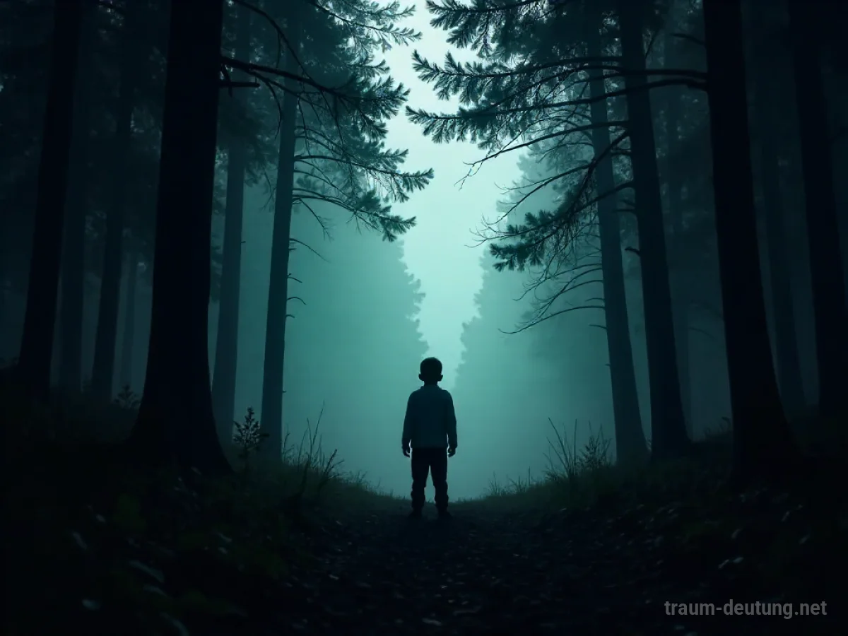 Silhouette eines Kindes in einem dunklen Wald, das verloren und schutzlos wirkt.