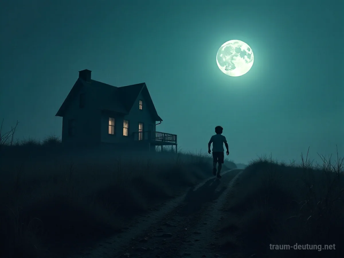 Silhouette eines Jungen, der von einem Haus weg in eine weite Landschaft rennt.