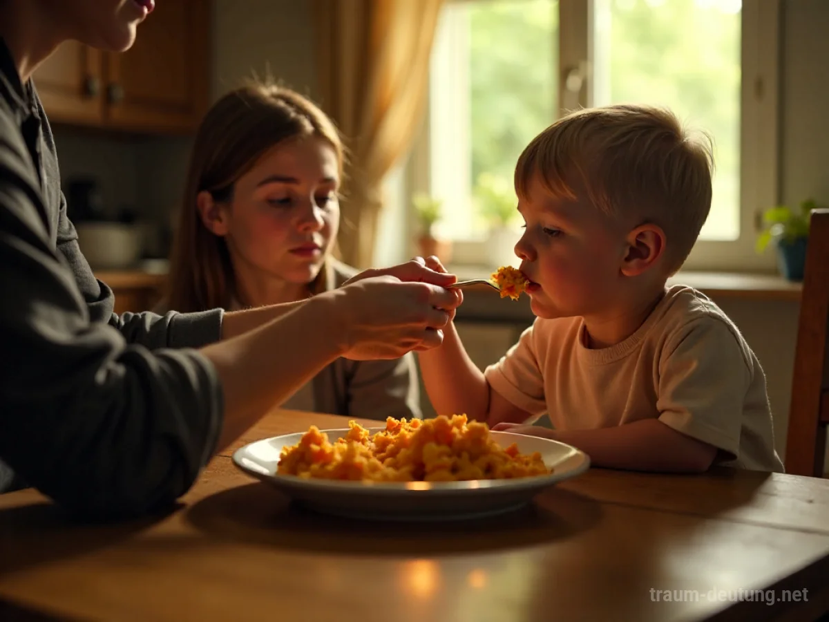 Hand reicht einem Jungen Essen an einem Tisch