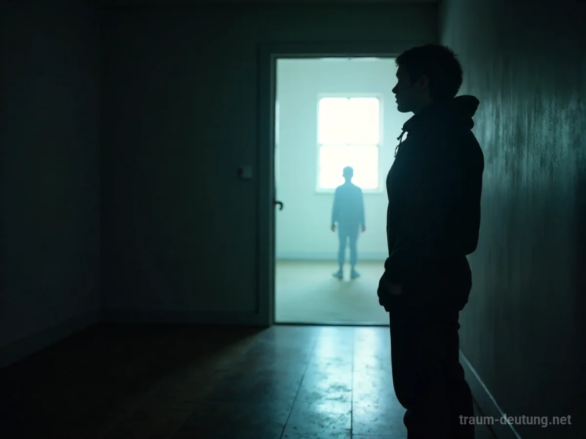 Silhouette einer Person, die in einen schwach beleuchteten Raum blickt, mit einem Schatten eines Jungen in der Ferne.
