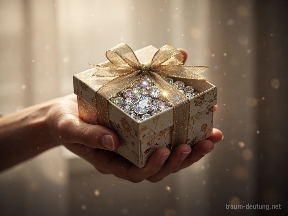 Ein Geschenkpaket mit glitzernden Juwelen wird gereicht.