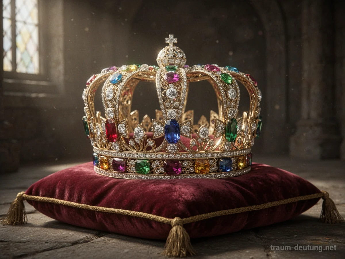 Eine goldene Krone mit vielen Juwelen, liegend auf einem Samtkissen.