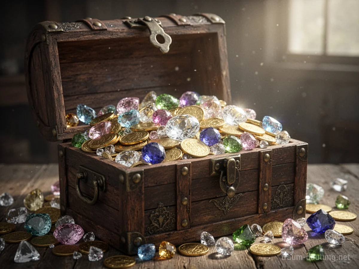 Eine geöffnete Schatzkiste voller funkelnder Juwelen und Goldmünzen.