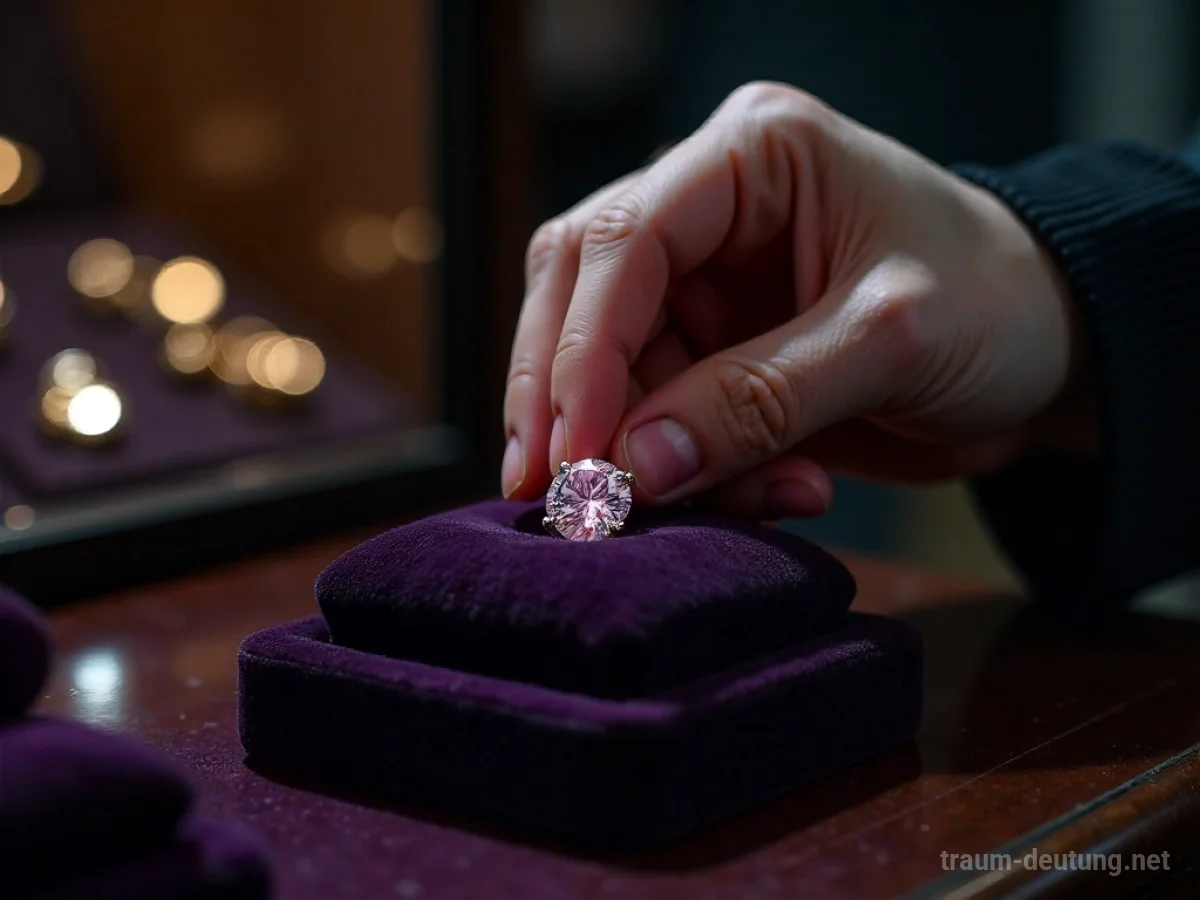 Hand hält funkelnden Diamantring in einem Juweliergeschäft