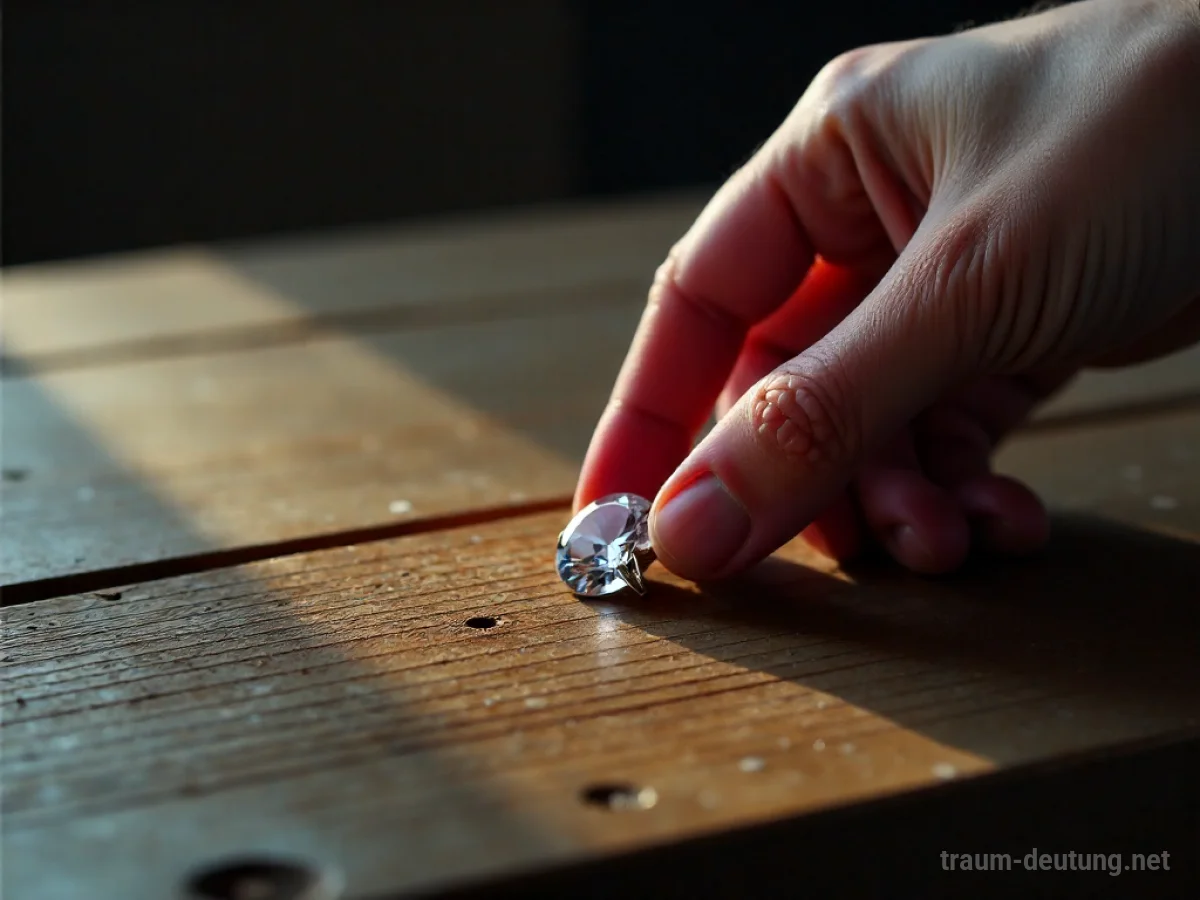 Hand legt glitzerndes Juwel auf Holztisch