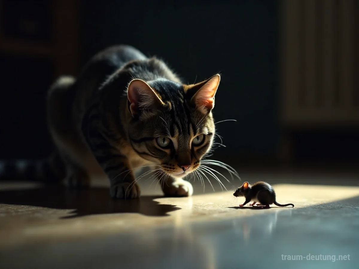 Katze schleicht sich an eine Maus heran, beide in einer schattigen Umgebung.