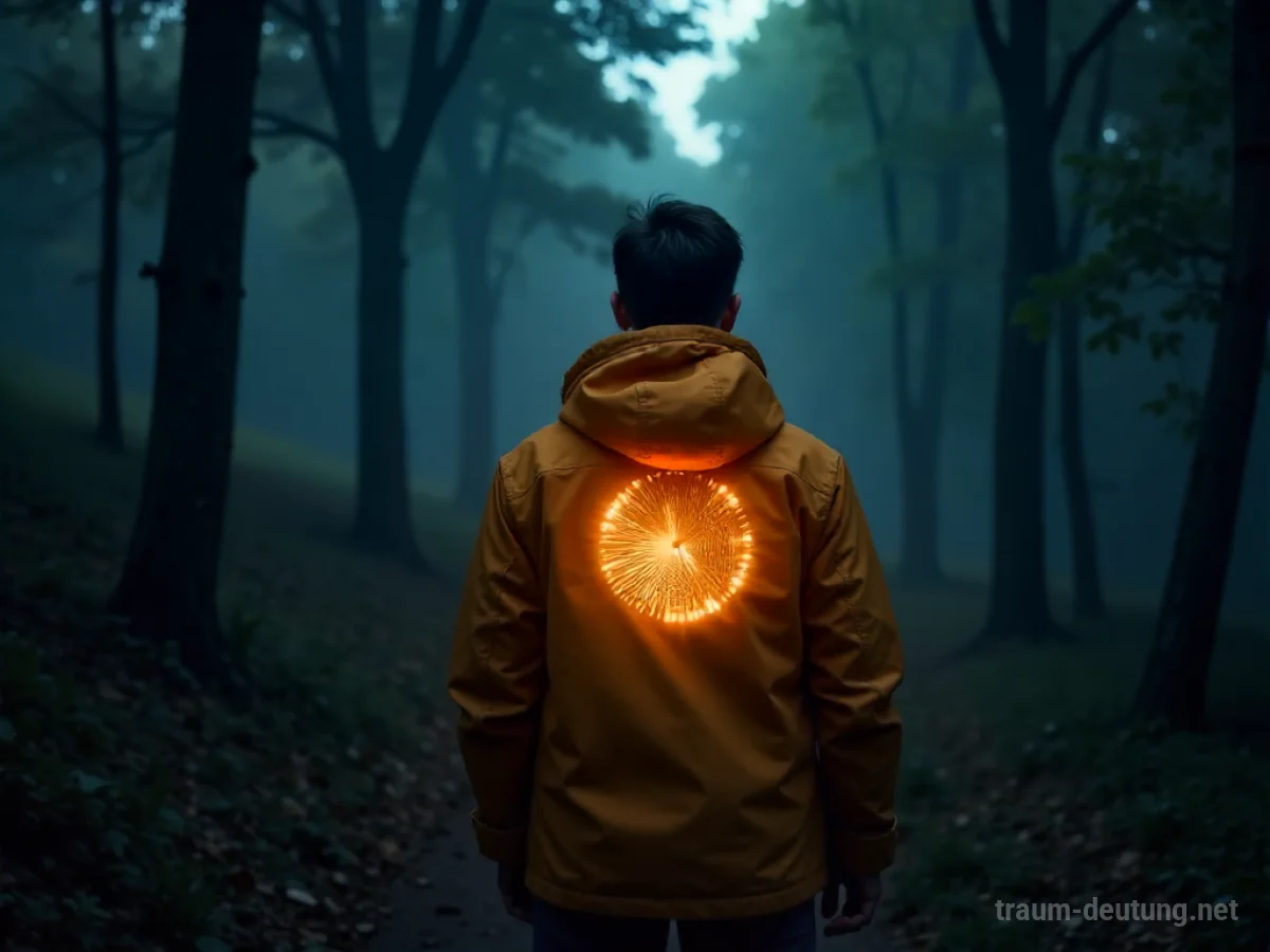 Leuchtende Jacke im dunklen Wald, die den Weg erhellt.