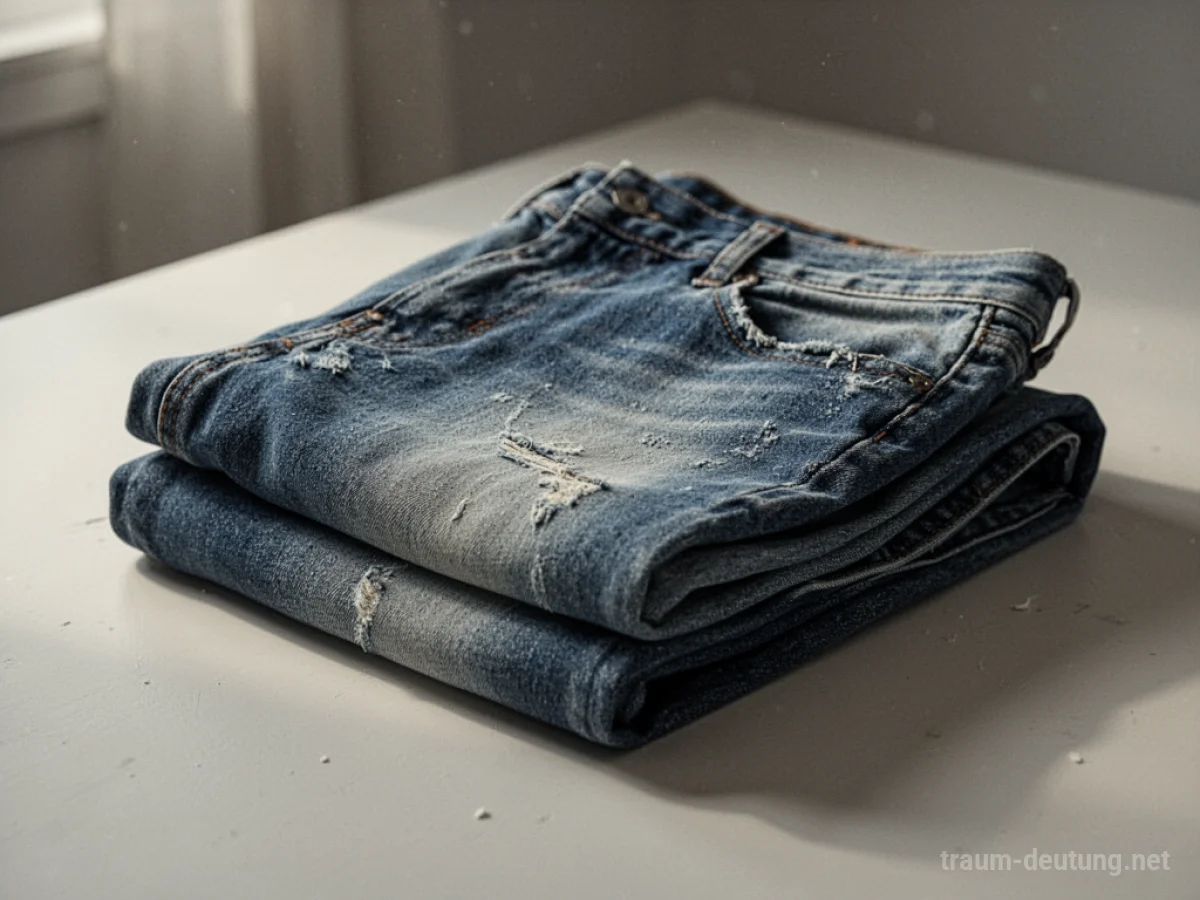 Eine gut getragene, bequeme Jeans liegt auf einer Oberfläche.
