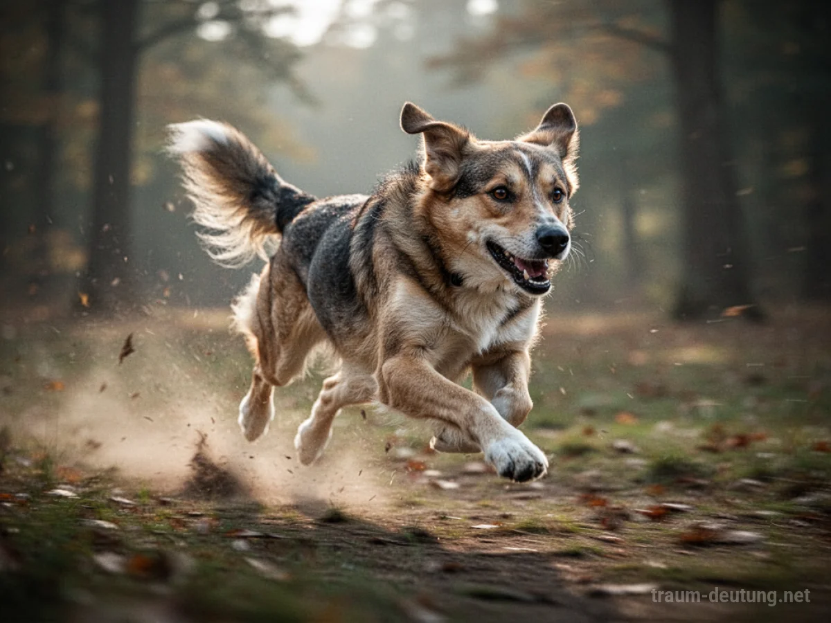 Ein Hund jagt im Traum, fokussiert auf seine Beute.