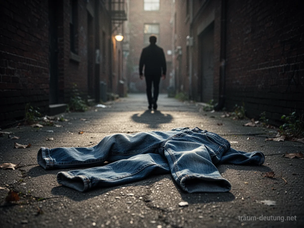 Gestohlene Jeans liegen auf dem Boden einer dunklen Gasse, eine Schattenfigur entfernt sich.