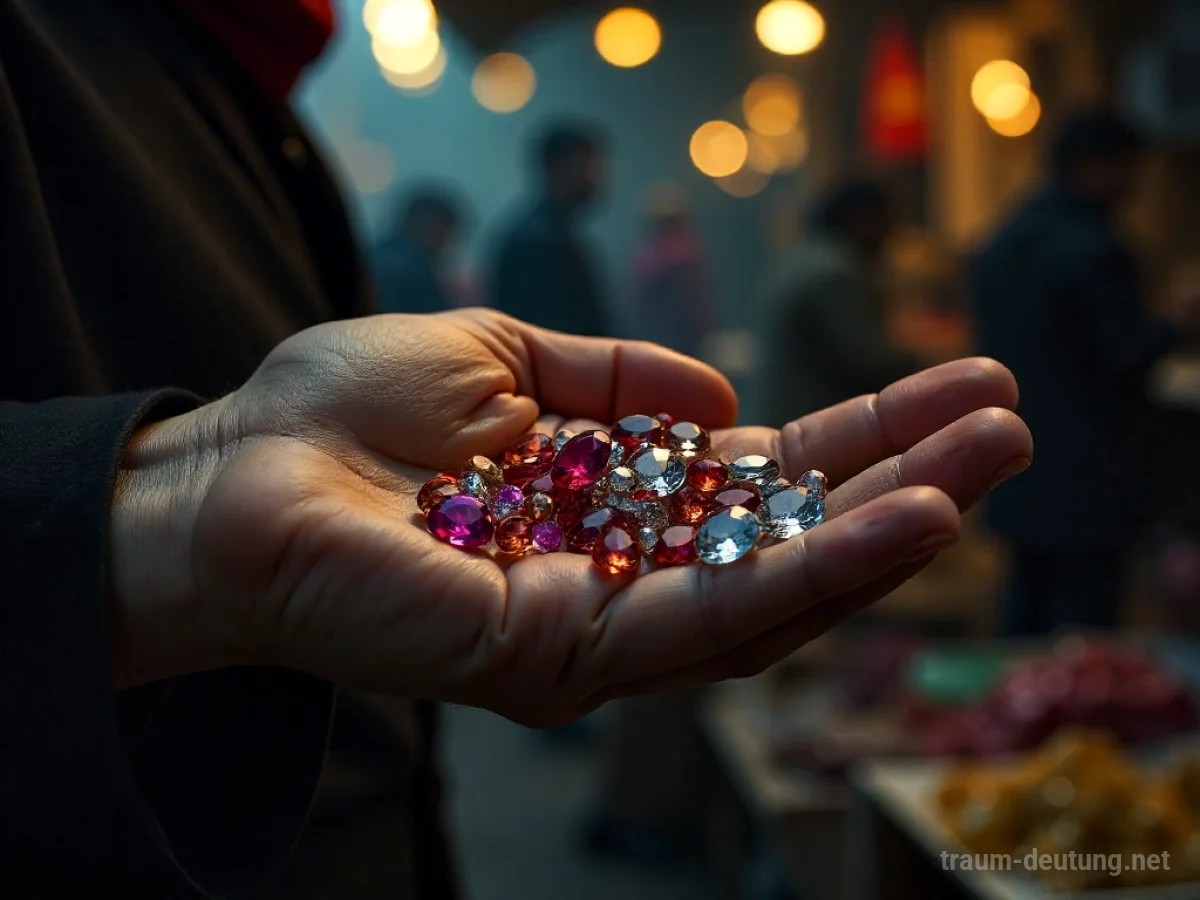 Hand reicht glitzernde Juwelen als Bezahlung über einen Marktstand.
