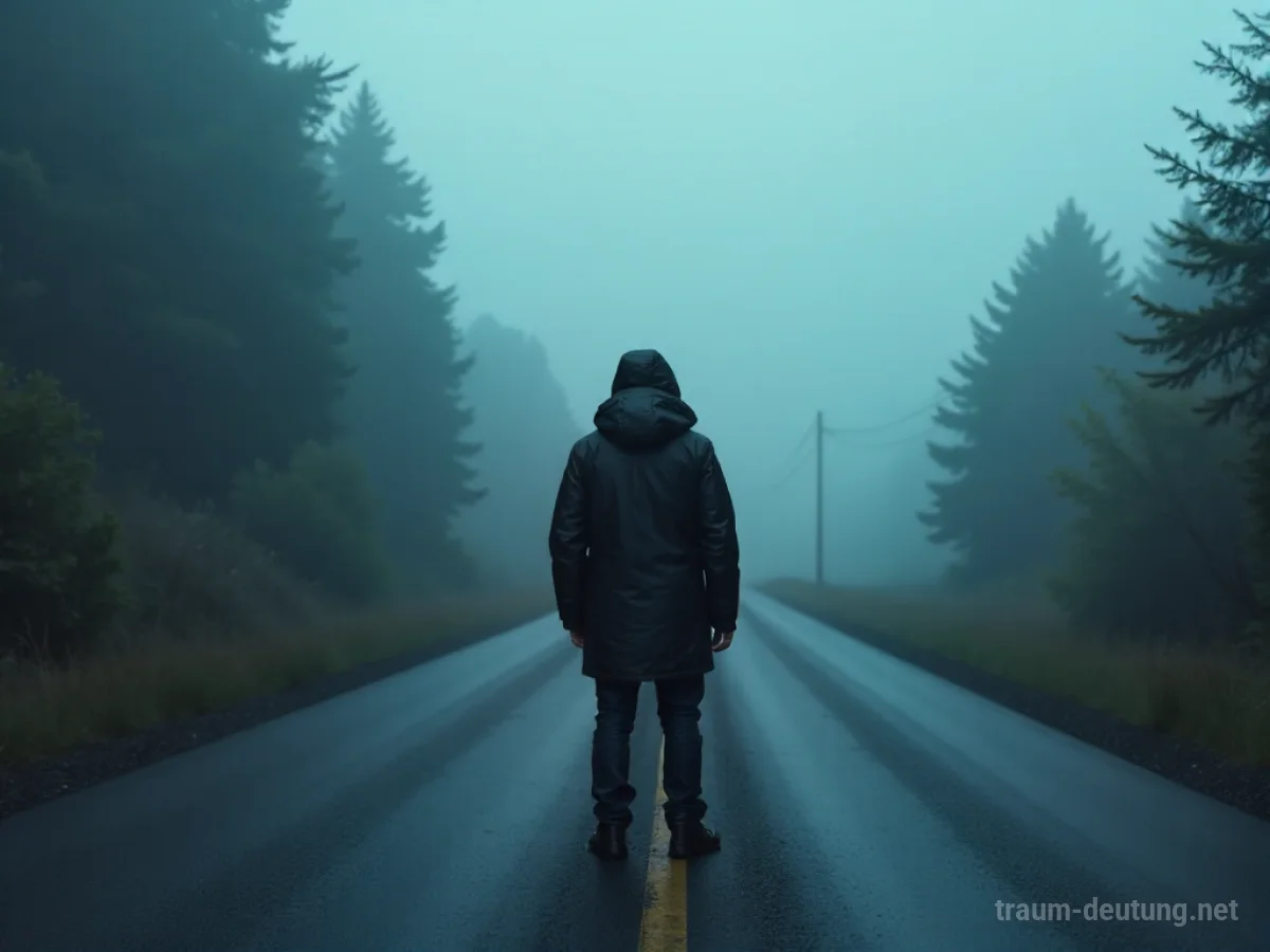 Eine durchnässte Jacke an einer Person auf einer einsamen Straße im Nebel.