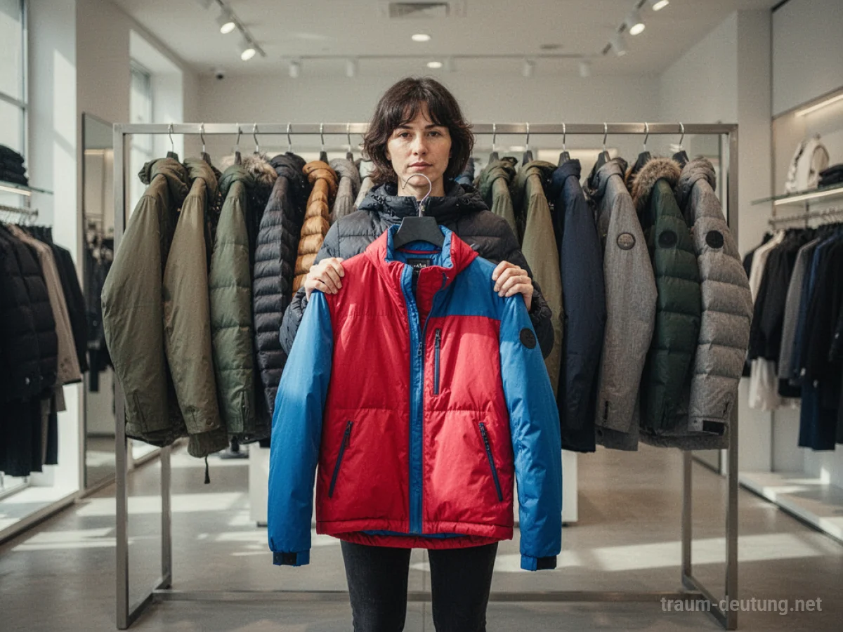 Person hält eine neue Jacke in einem Bekleidungsgeschäft.