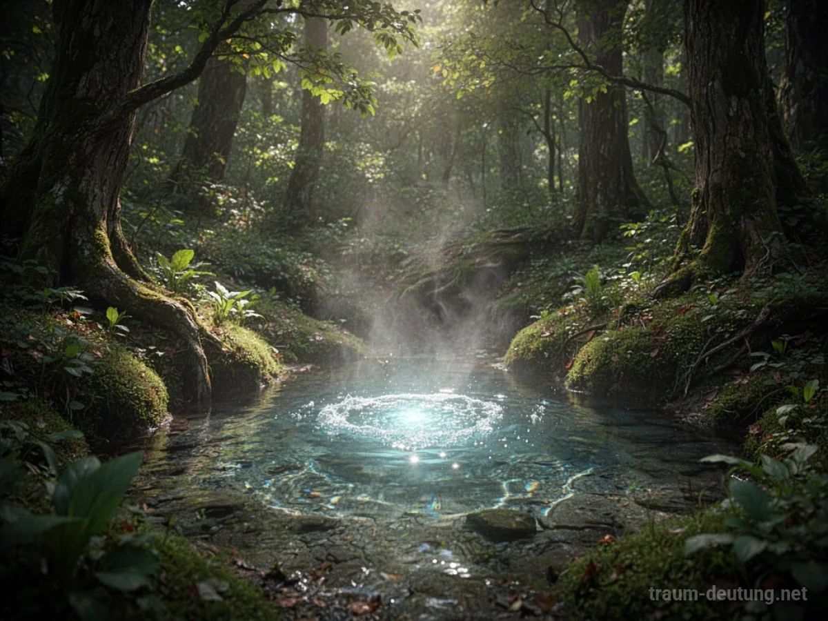 Versteckte Quelle mit leuchtend klarem Wasser in einem alten Wald.