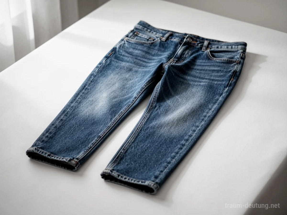 Saubere blaue Jeans liegen ordentlich ausgebreitet auf weißem Untergrund.