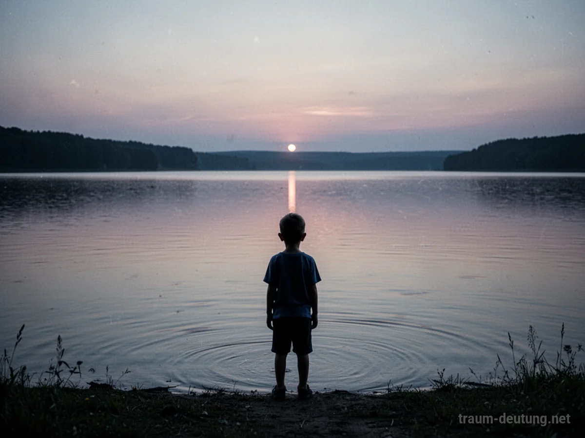 Silhouette eines Jungen am Ufer eines Sees im Morgengrauen
