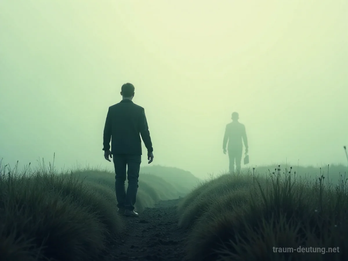 Silhouetten einer Person, die eine verschwommene Gestalt in einer nebligen Landschaft sucht.