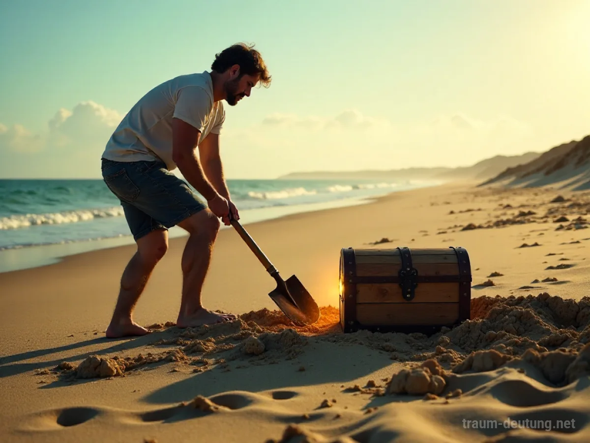 Eine Person gräbt am Strand nach einem Schatz, der teilweise aus dem Sand ragt.