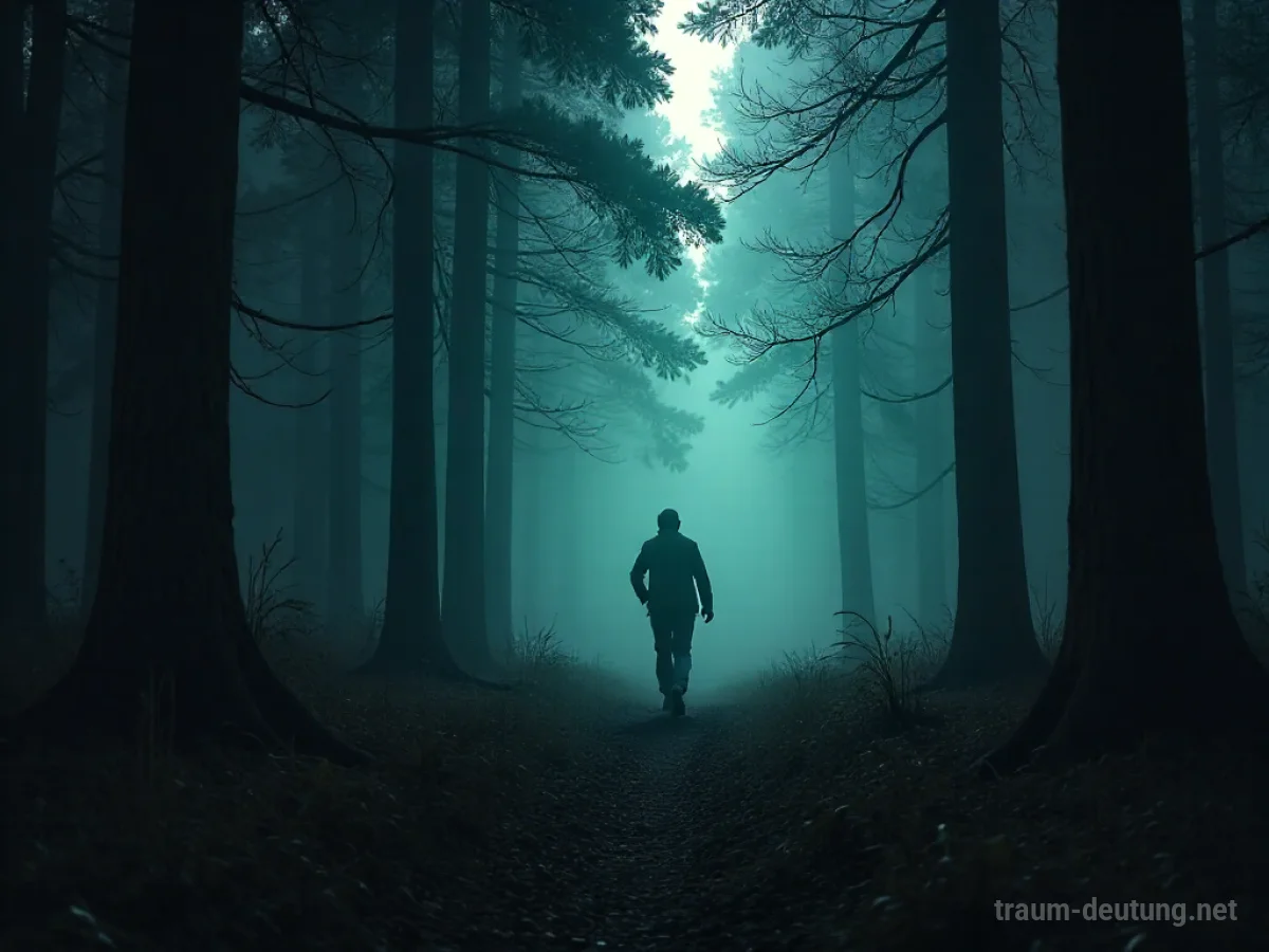 Eine Person flieht durch einen dichten, dunklen Wald vor unsichtbaren Verfolgern.