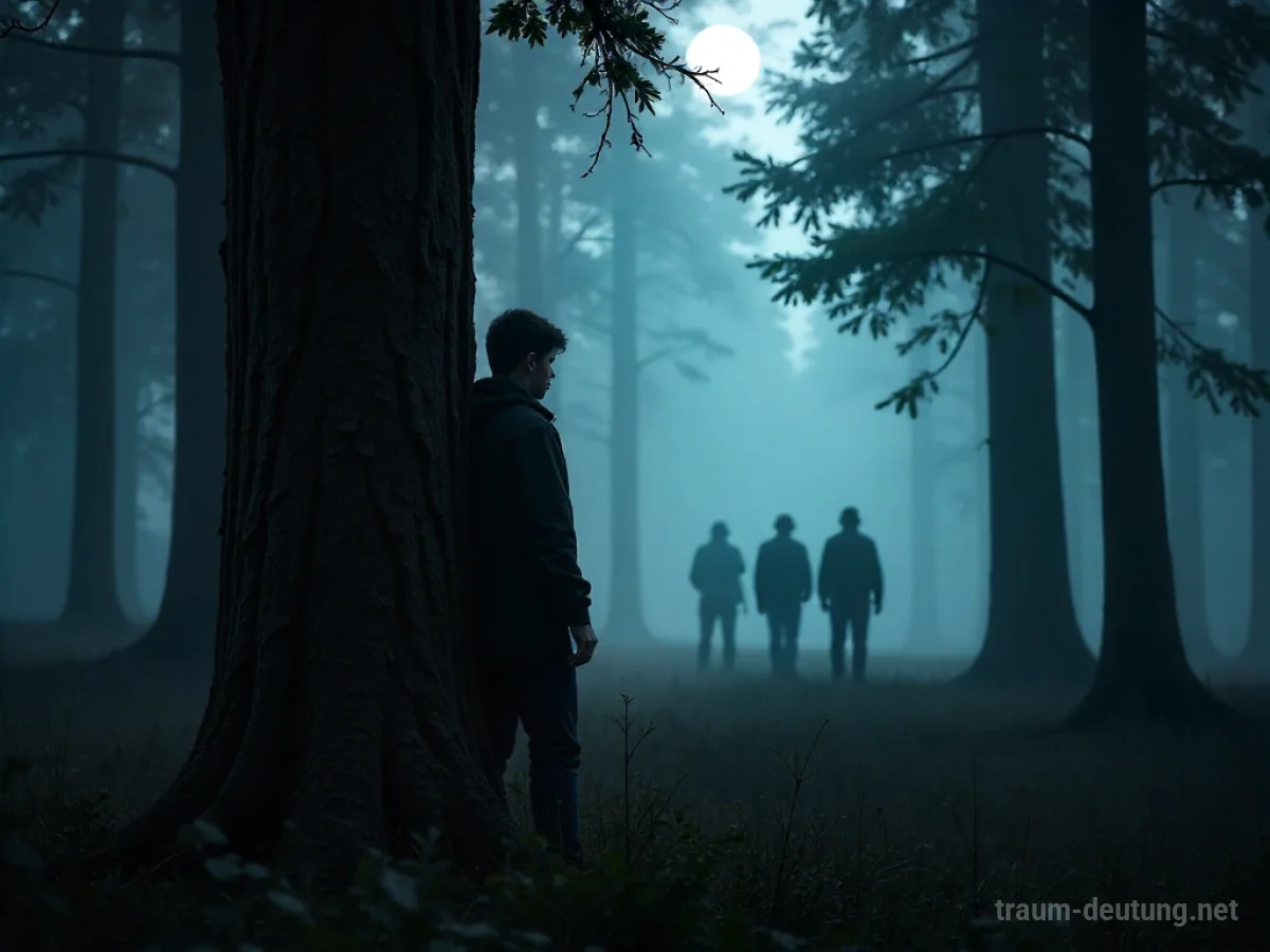 Silhouettenperson versteckt sich hinter Baum im Wald vor Jägern