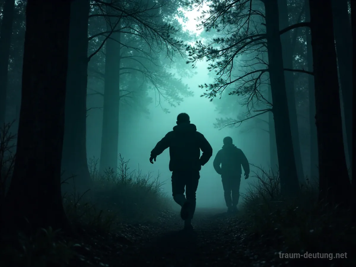 Silhouette einer Person, die in einem dunklen Wald vor Verfolgern flieht