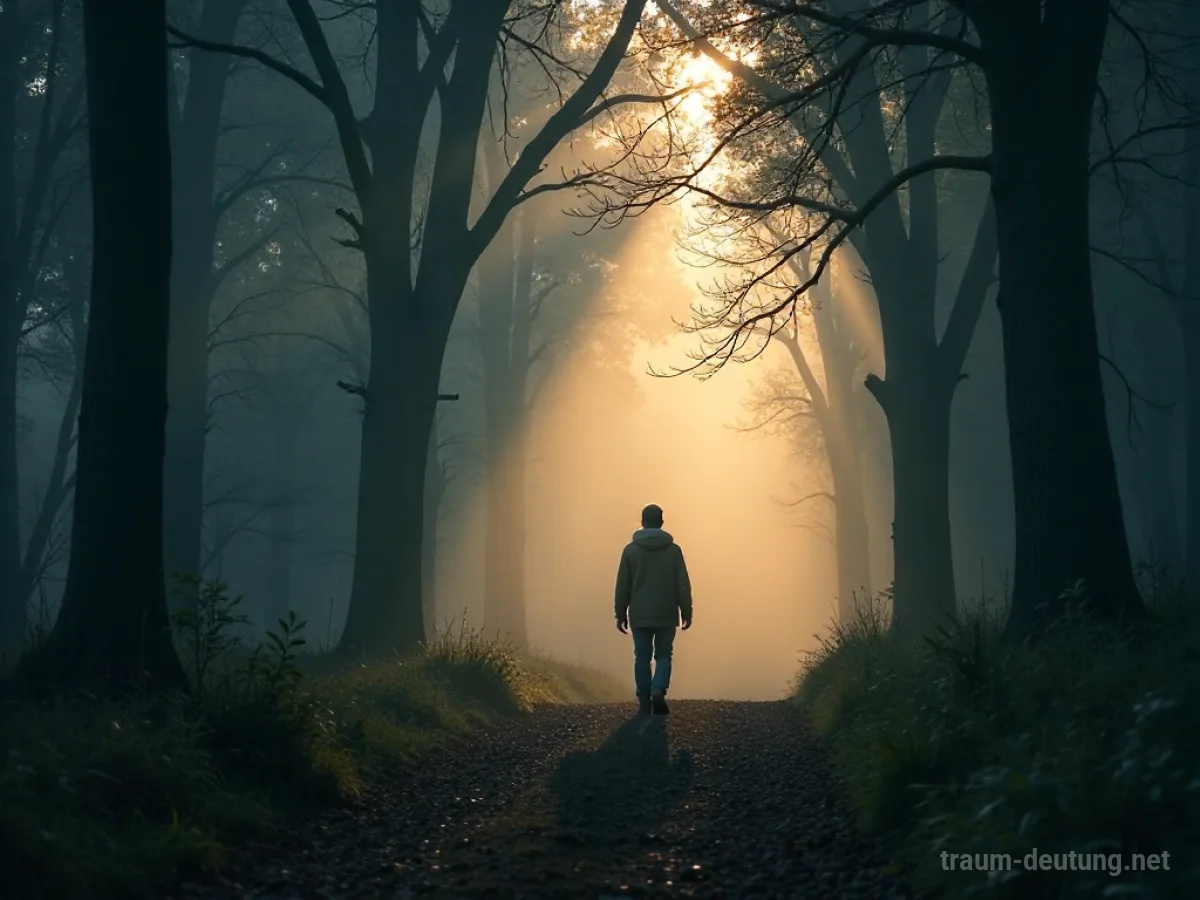 Person geht auf einem nebligen Weg zu einem Licht
