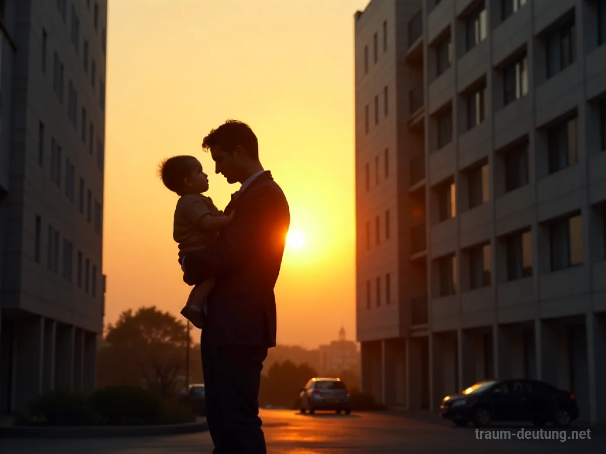 Silhouette einer Person mit Baby vor einem Bürogebäude im Sonnenaufgang