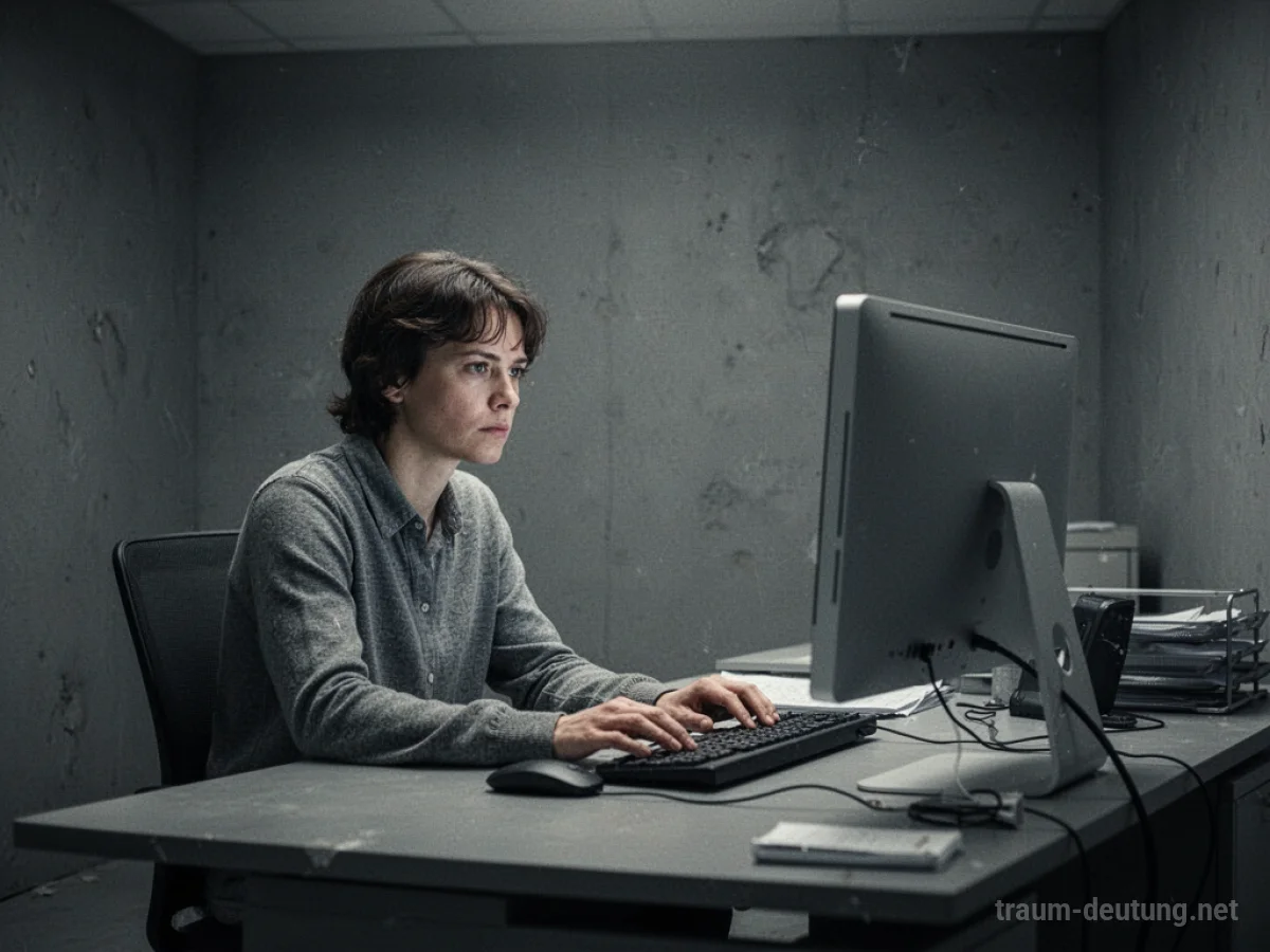 Eine Person sitzt an einem grauen Schreibtisch und blickt lustlos auf einen Computerbildschirm in einem monotonen Büro.