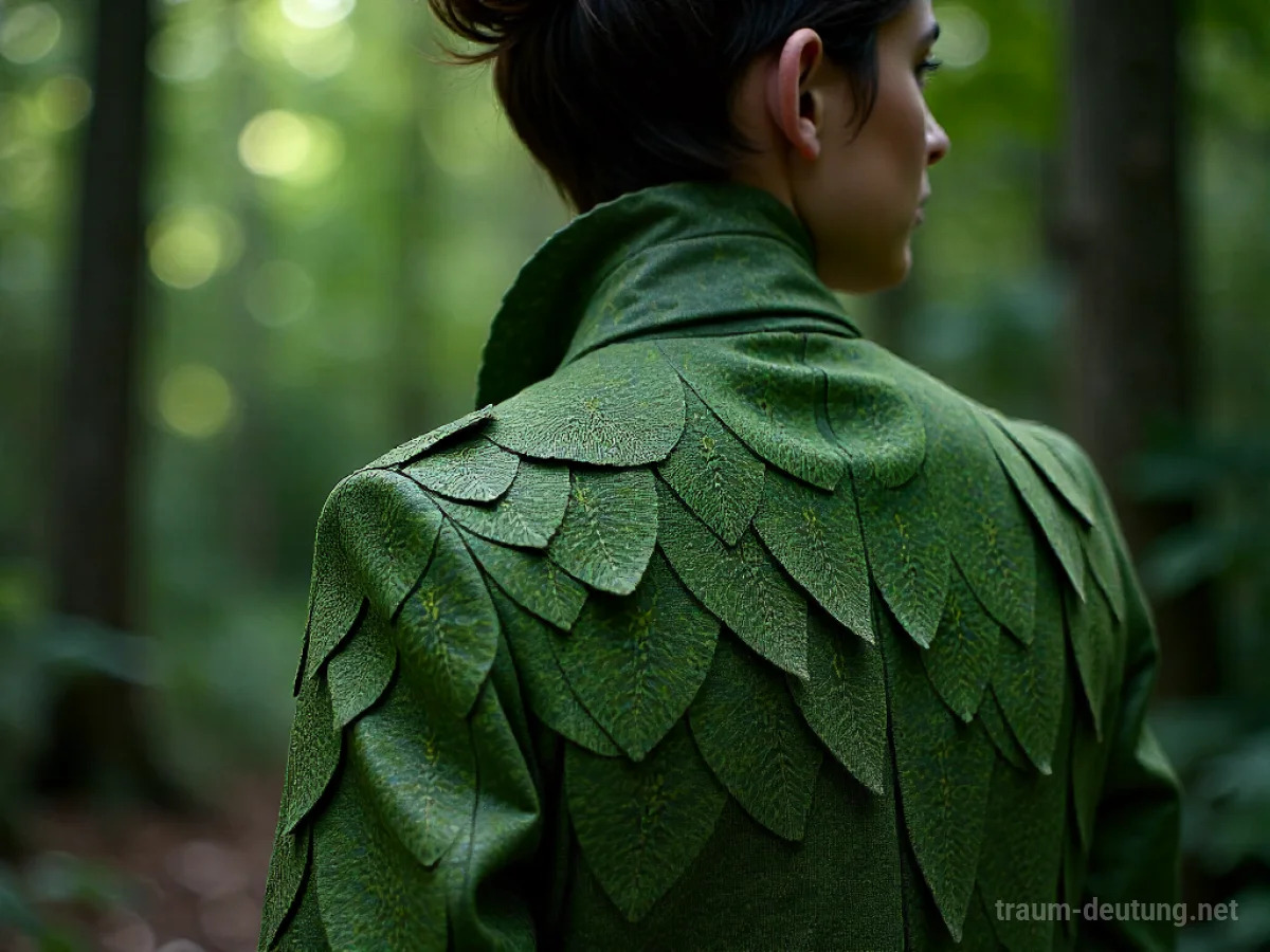 Eine Person trägt eine Jacke aus einem ungewöhnlichen Material wie Blättern oder Schuppen.