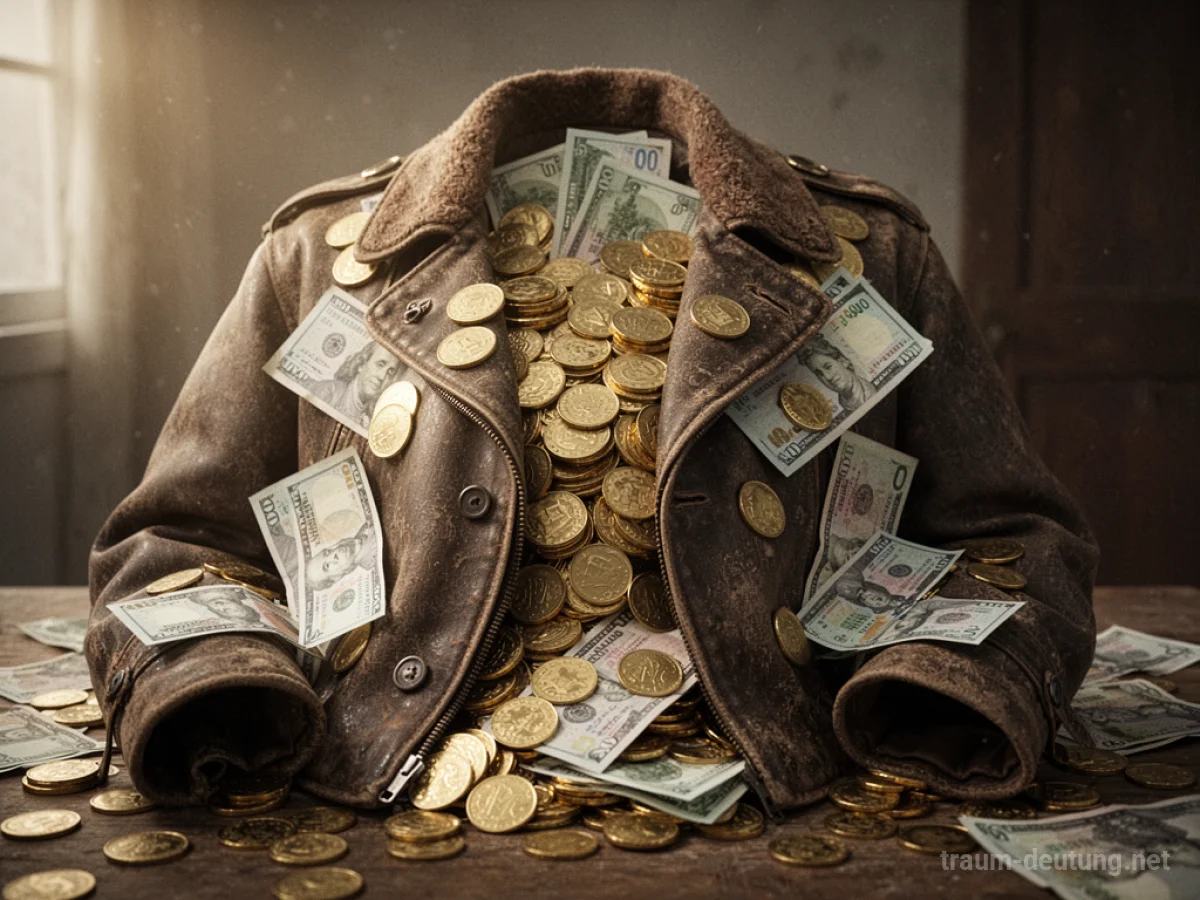 Eine alte Jacke quillt über mit Goldmünzen und Geldscheinen.