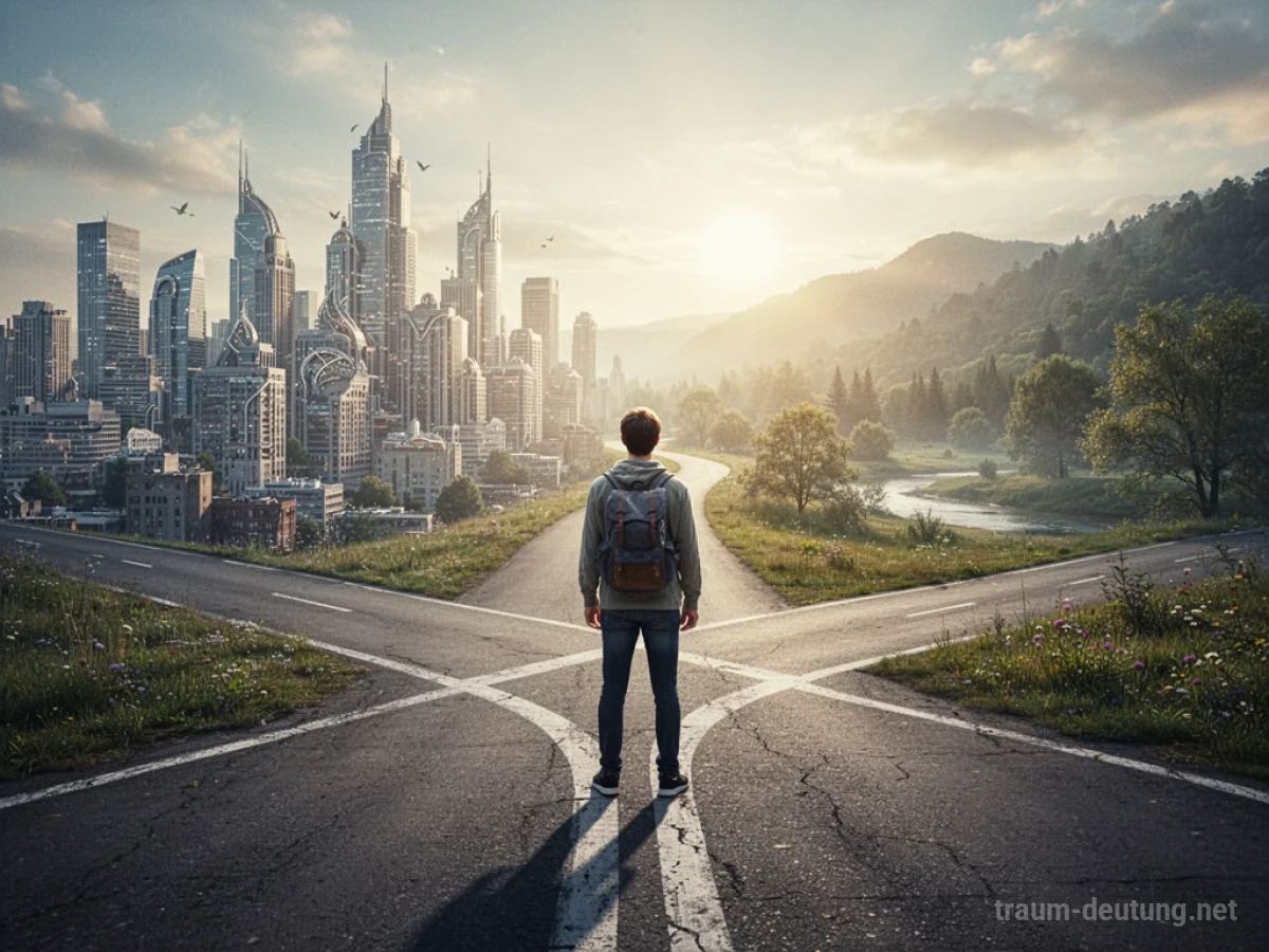 Kreuzung mit Wegweiser zu einer Stadt und einer Naturlandschaft