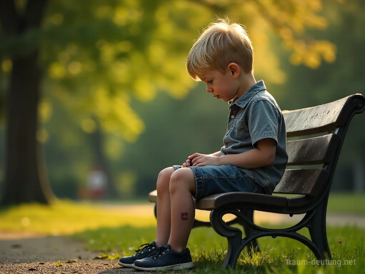 Verletzter Junge sitzt auf einer Parkbank und blickt nachdenklich zu Boden.