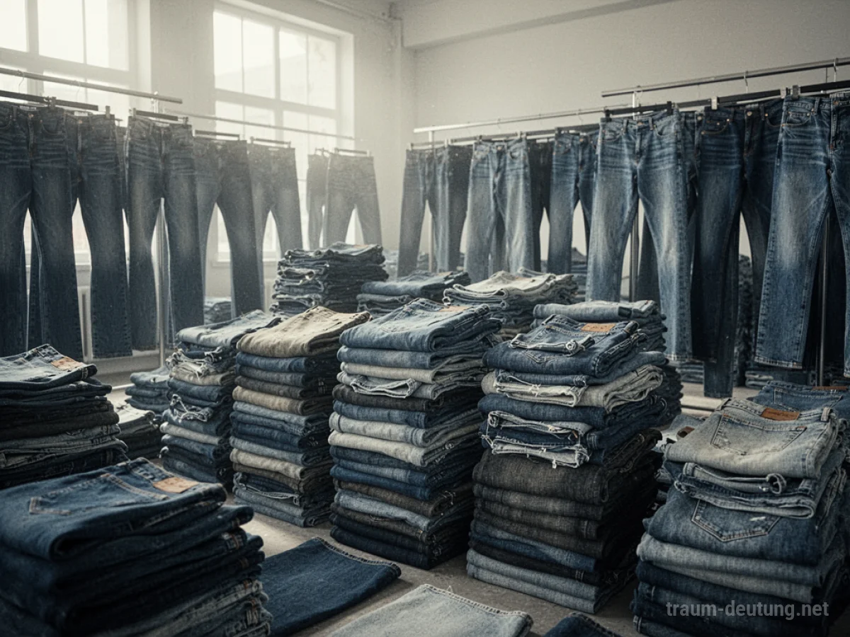 Viele Jeans übereinander gestapelt in einem hellen Raum, eine große Auswahl an Denim.